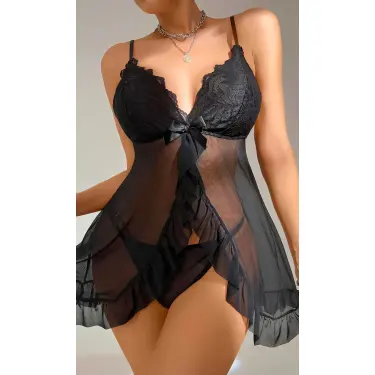 LYYN Kadın Siyah Fantezi Gecelik Tül Dantel Detaylı Fantezi Gecelik 2117