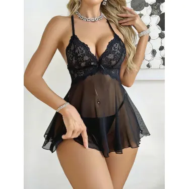 LYYN Kadın Siyah Fantezi Gecelik Tül Göğüs Dantel detaylı Dekolteli 2191