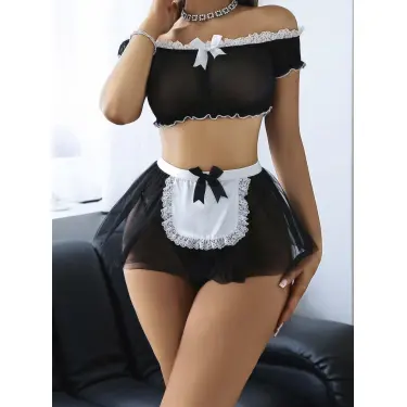 LYYN Kadın Siyah Fantezi Kostüm Fır Fır detaylı hizmetçi Çorap hariç 2212