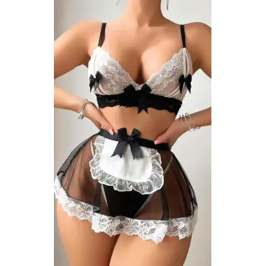 LYYN Kadın Siyah Fiyonklu Etekli Seksi Hizmetçi Kostümü 3827