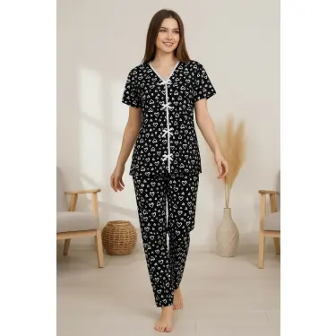 LYYN Kadın Siyah Kalp Desenli Fiyonklu Kısa Kollu Uzun Pijama Takımı