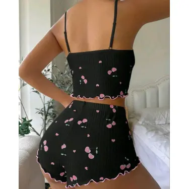 LYYN Kadın Siyah Kiraz Desenli Seksi Gecelik Takım 9003
