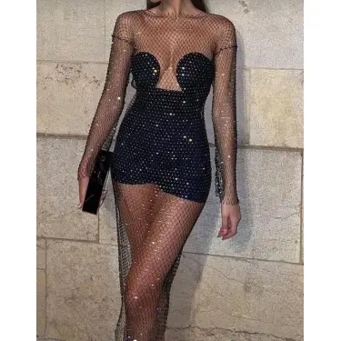 LYYN Kadın Siyah Kristal Taşlı File Elbise – Plaj Ve Gece Şıklığı İçin