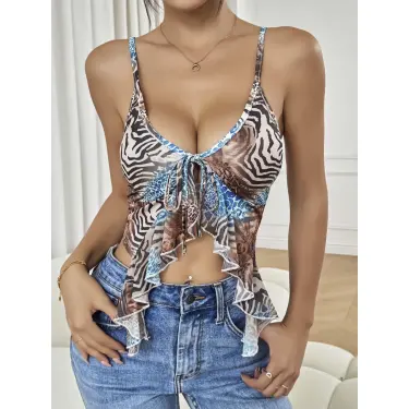 LYYN Kadın Siyah Leopar Desenli Crop Askılı Önden Bağlama Fırfır Detaylı 5091