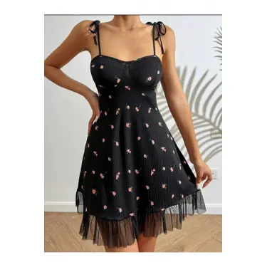 LYYN Kadın Siyah Pembe Gül Desenli Askılı Bağlamalı Dantel Detaylı Elbise 5072