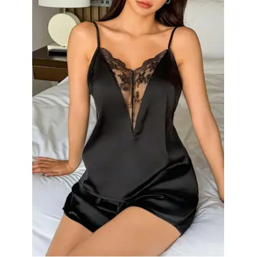 LYYN Kadın Siyah  Şort Askılı Dantel Üst Pijama Takımı 2233