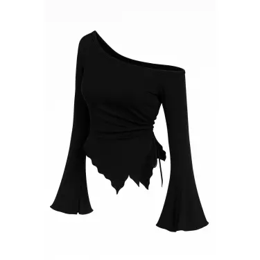 LYYN Kadın Siyah Uzun İspanyol Kollu Asimetirik Yaka Yandan Bağlamalı Drapeli Bluz
