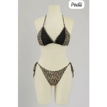LYYN Kadın Siyah ve Leopar Detaylı Yandan Bağlamalı Bikini Takımı