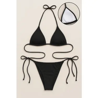 LYYN Kadın Siyah Yandan ve Boyundan Bağlamalı Bikini Mayo Takımı