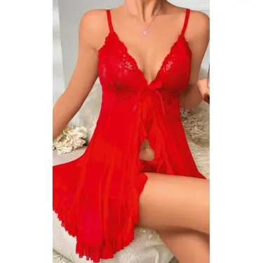 LYYN Kadın Transparan Dantel Detaylı Şık Kırmızı Fantezi Gecelik 2099