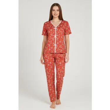 LYYN Kadın Turuncu Kalp Desenli Fiyonklu Kısa Kollu Uzun Pijama Takımı