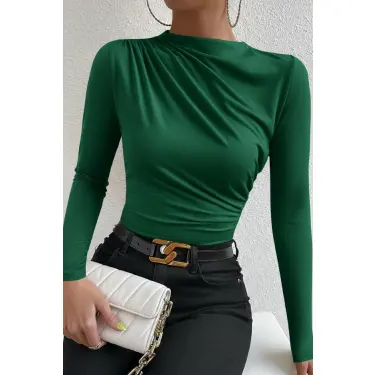 LYYN Kadın Yeşil Belden ve Boyundan Büzgü Detaylı Uzun Kollu Bluz