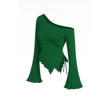 LYYN Kadın Yeşil Uzun İspanyol Kollu Asimetirik Yaka Yandan Bağlamalı Drapeli Bluz