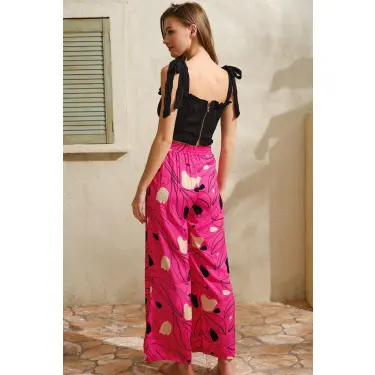 LYYN Kalın Askılı Viskon Çiçek Desenli Sırt Aksesuarlı Yazlık Dantel Detaylı Pijama Altı