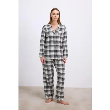 LYYN Kareli Flanel Görünümlü Uzun Kollu 2li Pijama Takımı