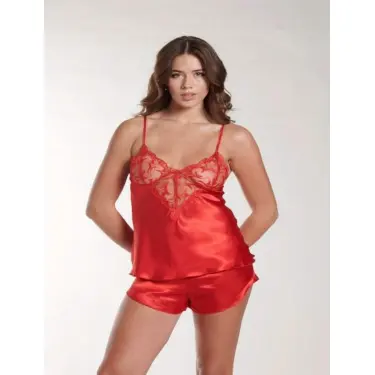 LYYN Kırmızı Dantel Detaylı İnce Askılı Saten Şortlu Takım