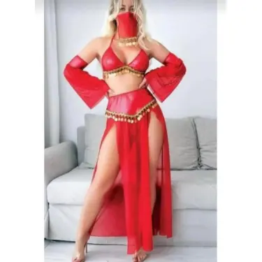 LYYN Kırmızı Peçeli Dansöz Kıyefeti