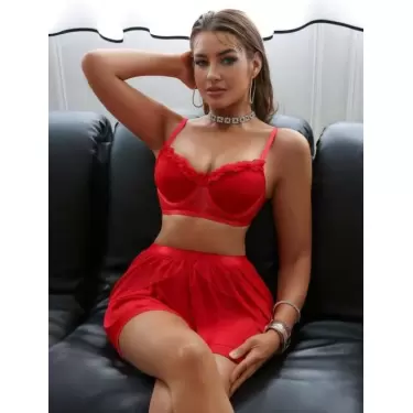LYYN Kırmızı Tül Fırfırlı Etekli Sütyen Takım