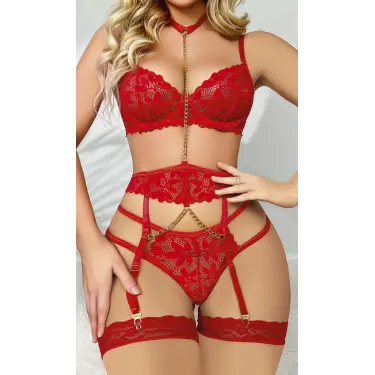 LYYN Kırmızı Zincirli Jartiyer Takım 2076