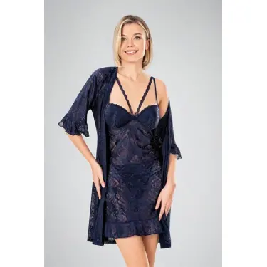 LYYN Lacivert Dantel İşlemeli 2li Sabahlık Takımı