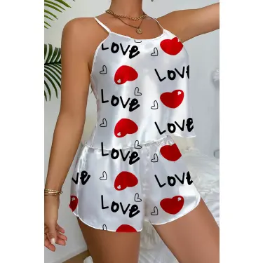 LYYN Love Desenli Beyaz Saten Şortlu Gecelik Takım
