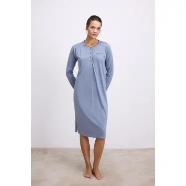 LYYN Modal Uzun Kollu Düğmeli Gecelik