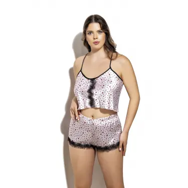 LYYN Öpücük Desenli Fantezi Büyük Beden Şortlu Saten Takım