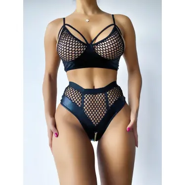 LYYN Özel Tasarım Siyah Özel Bölgesi Fermuar Detaylı Fileli Fantezi Sütyen Takımı