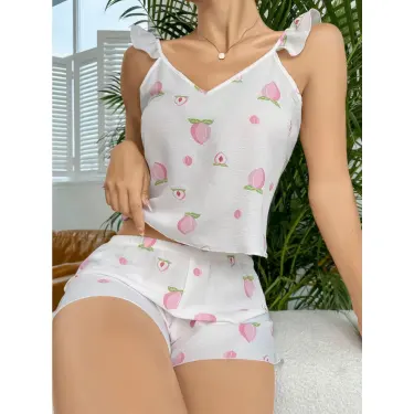 LYYN Pamuklu Beyaz Üstüne Çiçek Desen Fırfır Askılı Şortlu Pijama Takımı