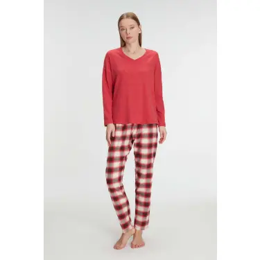 LYYN Pamuklu Kışlık Kare Desenli Uzun Kol Pijama Takımı