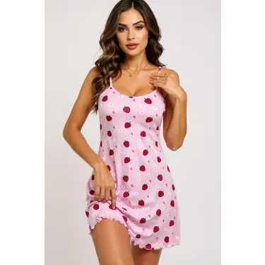 LYYN Pembe Çilek Desenli Askılı Kadın Gecelik
