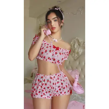LYYN Pembe Çilek Desenli Şortlu Fantezi Sütyen Takımı