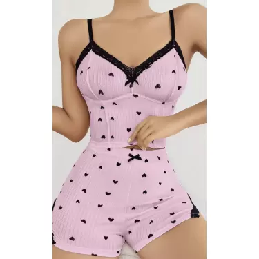 LYYN Pembe Kalp Desenli Askılı Şortlu Pijama Takım
