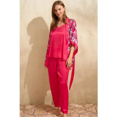 LYYN Saten Çiçek Baskılı Sabahlık Dantelli Atlet Ve Pantolon Pijama 3lü Takım