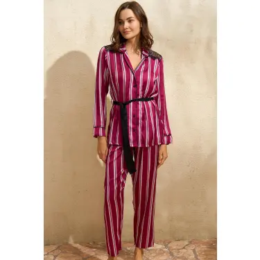 LYYN Saten Çizgili Düğmeli Uzun Kol Dantelli Gömlek Ve Pantolon Pijama Takım
