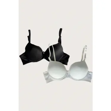 LYYN Siyah-beyaz 2li Mikro Kumaş Push Up Dolgulu Balenli Günlük Destekli Sütyen