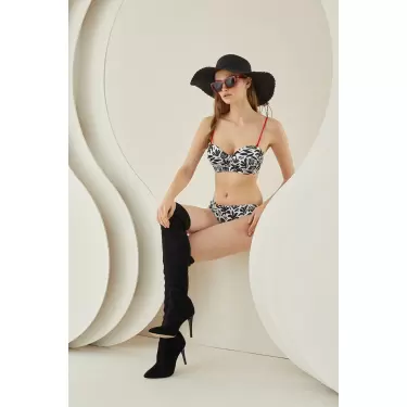 LYYN Siyah Beyaz Desenli Kırmızı İp Askılı Lotus Bikini Takımı