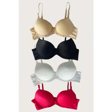 LYYN Siyah-beyaz-kırmızı-ten 4lü Dolgulu Push Up Micro Balenli Günlük Tek Destekli Sütyen