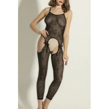 LYYN Siyah Çiçek Desenli Transparan Vücut Çorabı,seksi Uzun Tulum Fantazi İç Giyim