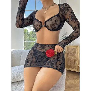 LYYN Siyah Dantel Etekli Transparan Fantezi Kostüm 3812