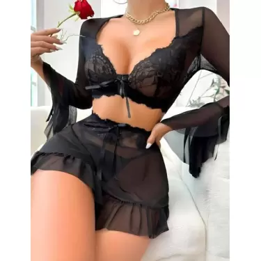 LYYN  Siyah Dantelli Etekli Fantezi Tül Bolero Sütyen Takım