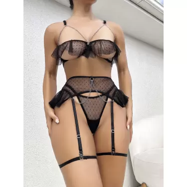 LYYN Siyah Göğüs Kısmı Zincir Detaylı Bacak Bantlı Sütyen Külot Takımı