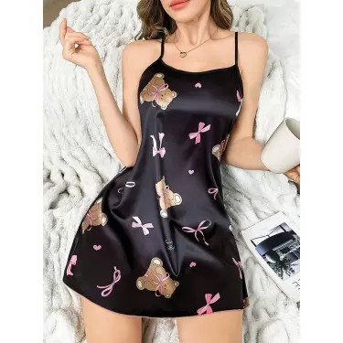 LYYN Siyah İnce Askılı Ayıcık Desenli Saten Mini Gecelik