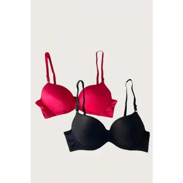 LYYN Siyah-kırmızı 2li Mikro Kumaş İçi Boş Balenli Günlük Desteksiz Sütyen