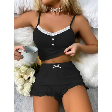 LYYN Siyah Likralı Düğmeli Yumuşacık 2li Pijama Takımı