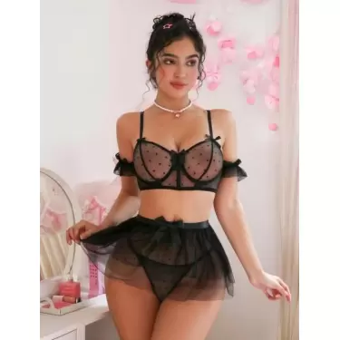 LYYN Siyah Transparan Fantezi Etekli Puantiyeli Sütyen Takım