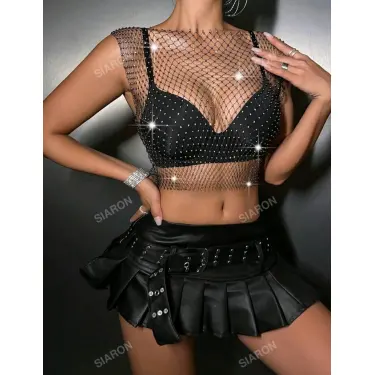 LYYN Taşlı File Crop – Kolsuz, Transparan, Parlak Gece Üstü