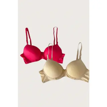 LYYN Ten-kırmızı 2li Mikro Kumaş Push Up Dolgulu Balenli Günlük Destekli Sütyen
