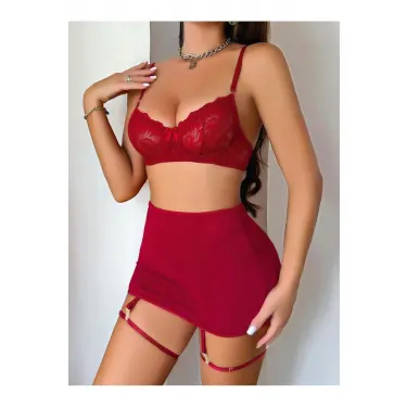 LYYN Transparan Kırmızı Dantel İşlemeli Fantezi Bacak Bantlı Etekli Jartiyer Takımı