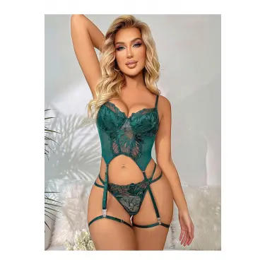 LYYN Transparan Yeşil Dantel İşlemeli Büstiyerli Jartiyer Takımı